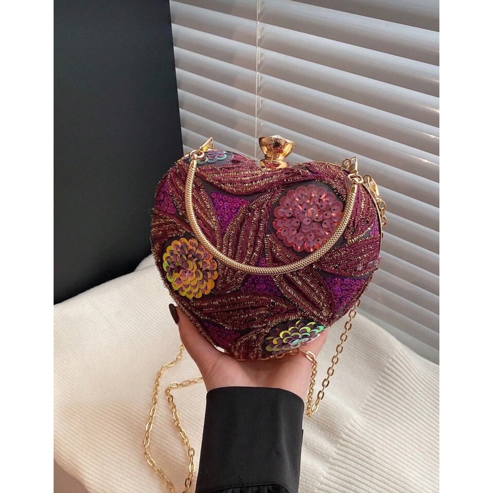 Heart Shaped‎ Beaded Sequin Floral Clutch Evening Bag Purple Gold Crossbody